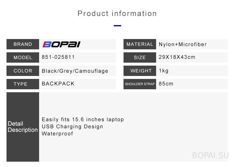 Деловой рюкзак для ноутбука 15.6 Bopai 851-025811